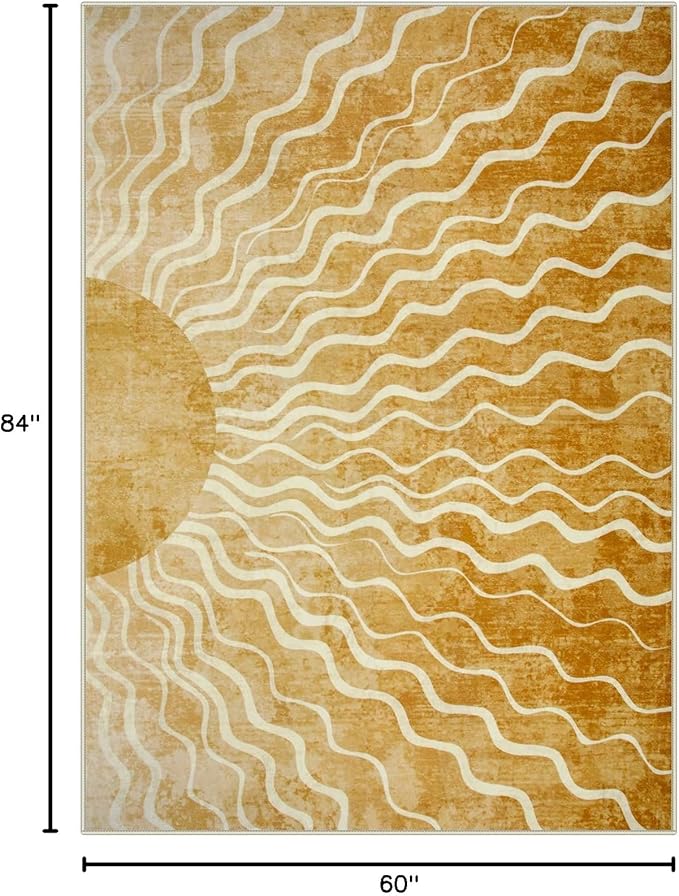 Wonnitar Sun 5x7 Area Rug, Boho Ombre Yellow Bedroom Rug Machine Washable Carpet, Ultra Thin Soft Non Slip Mid Century Nursery Carpet for Kids Room Living Room Playroom Classroom Decor