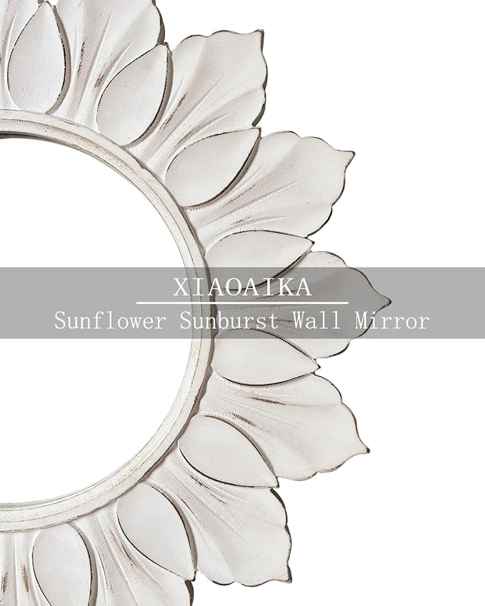 Sunflower Sunburst Wall Mirror, 26" Distressed White Wooden Frame, Handcrafted Petal Floral Design, Vintage Farmhouse Style Mirror for Wall Decor for Living Room, Bedroom, Bathroom, Vanity