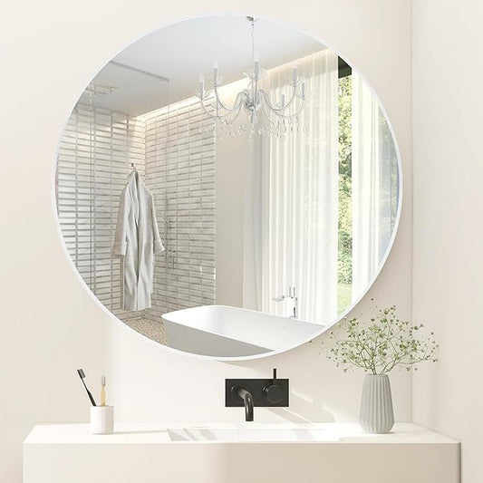 Tanmicoshomy Large Round Mirror 36 inch, White Wood Framed Circle Wall-Mounted Bathroom Mirror with Tempered Glass-Shatterproof for Entryway, Living Room or Bedroom
