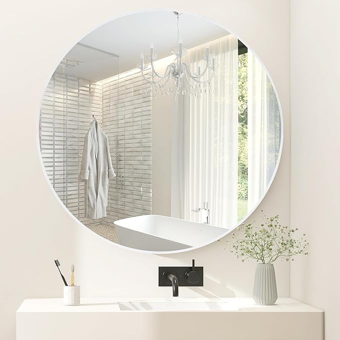 White Round Bathroom Mirror 30 Inch,White Wood Framed Circle Mirrors with Tempered Glass for Bedroom Living Room or Entryway Modern Wall Decor