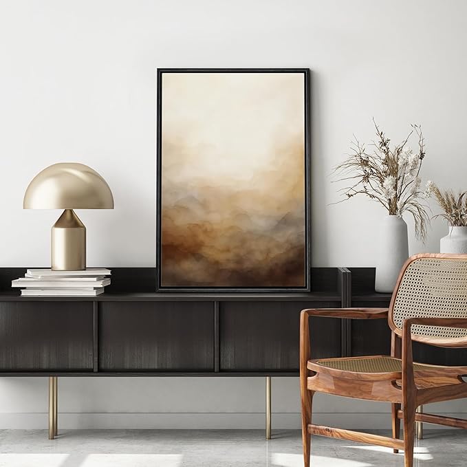MUDECOR Framed Canvas Print Wall Art Warm Beige Misty Landscape Abstract Serene Gradient Illustrations Fine Art Decorative Zen Multicolor Country/Farmhouse Retro for Bedroom - 16"x24" BLACK