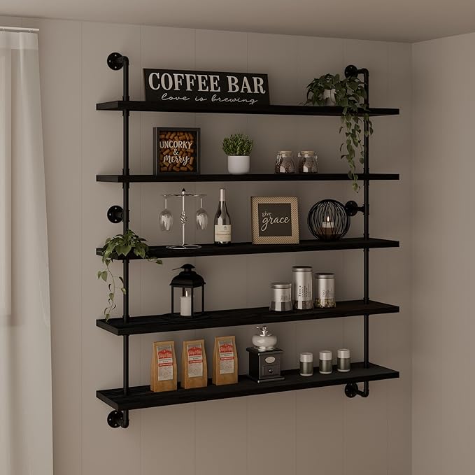 HDDFER Floating Shelves for Wall Bookshelf Industrial Pipe Shelving Shelves 48 Inch 5 Tier Natural Wood Planks Rustic Wall Shelves Hanging Bookshelves Farmhouse Kitchen Shelving Black