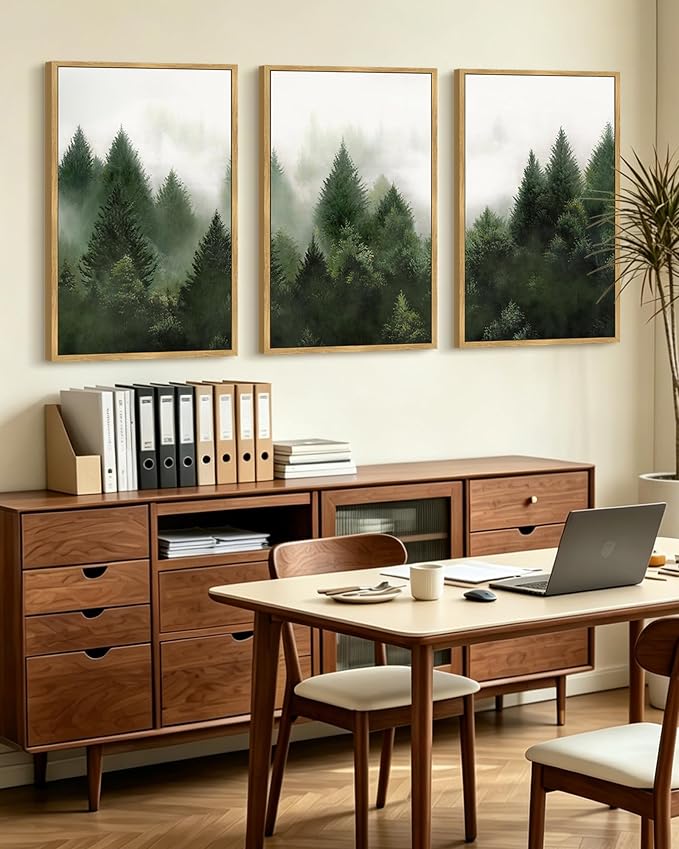 KUVIOKE Morden Green Fog Pine Tree Framed Canvas Wall Art Nature Nordic Forests Artwork Painting Bedroom Decor 24x36in (Natural Framed)