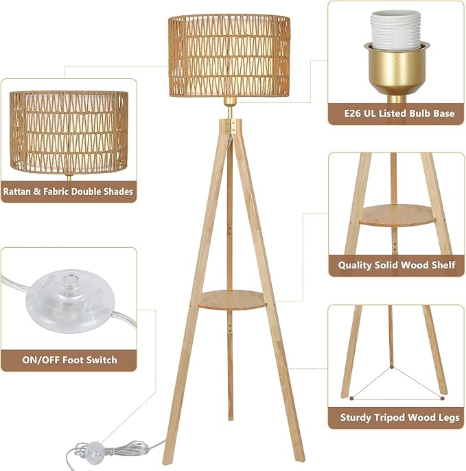 Oak Wood Tripod Floor Lamps for Living Room, Boho Floor Lamp with Shelves, Mid Century Rattan Standing Lamp with Fabric Shade, ON/Off Switch, Farmhouse Tall Floor Lamps for Bedroom Office