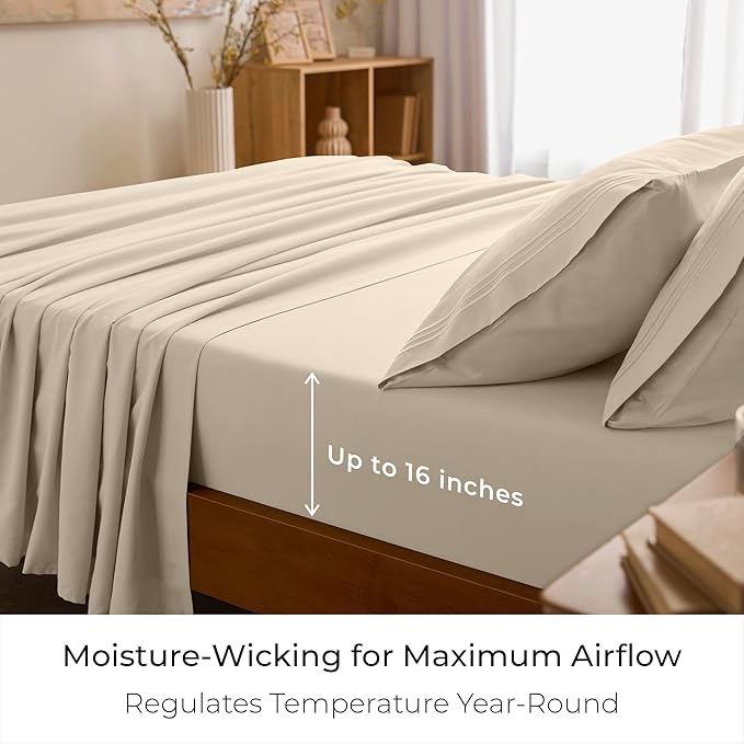 Mellanni Twin XL Sheets Set - 3 PC Iconic Collection Bedding - Hotel Luxury, Extra Soft, Cooling Bed Sheets - Wrinkle, Fade, Stain Resistant (Twin Extra Long, Beige)