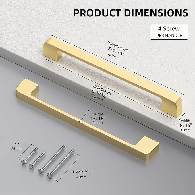 25 Pack 6-5/16 Inch Brushed Gold Cabinet Pulls Solid Zinc Alloy Gold Cabinet Handles - Brushed Brass Dresser Drawer Pulls for Kitchen Cabinet Hardware Zinc Alloy Handles