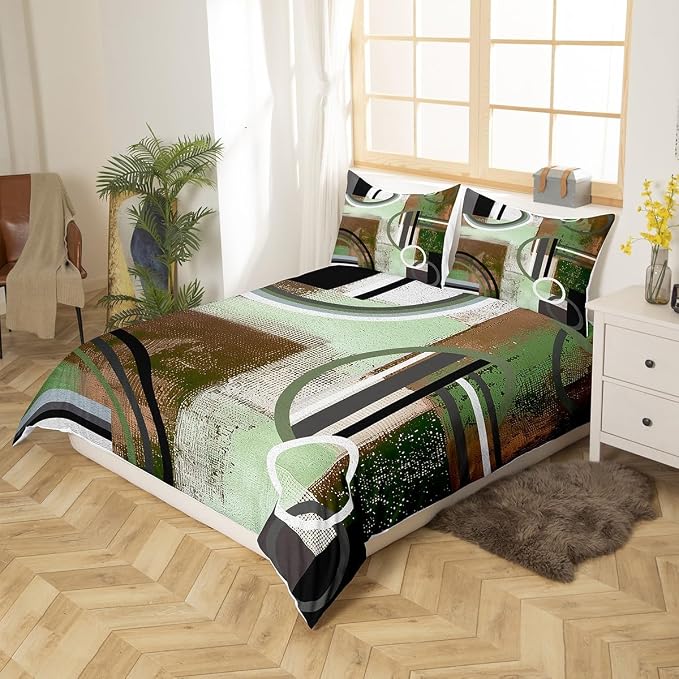 Erosebridal Mint Green Brown Gray Comforter Cover,Circles Duvet Cover for Kids Teens Adult,Gurnge Oil Painting Bedding,Geometric Quilt Cover,Abstract Striped Lines Bed Cover with 2 Pillow Cases,Full