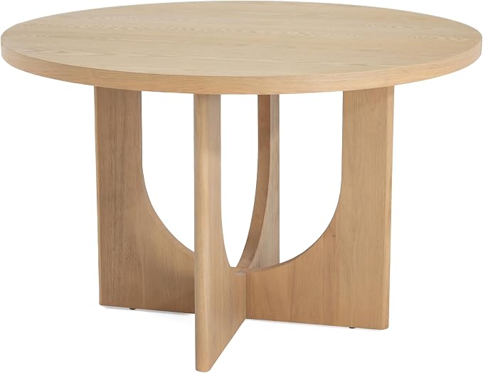 Merax 5-Piece Retro Dining Set - 48" Round Cross-Leg Table & 4 Upholstered Chairs, Mid-Century Modern Kitchen Set with Rubberwood Frame for Kitchen Dining Room, Light Grey+Natural