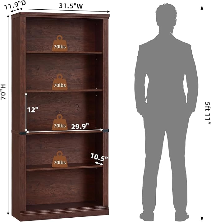 70" Walnut Tall Bookshelf,5-Tier Thick Wooden Book Shelf with Adjustable Shelves,Free Standing Farmhouse Bookcase with Open Display Storage,Floor Vintage Bookshelves for Living Room,Office