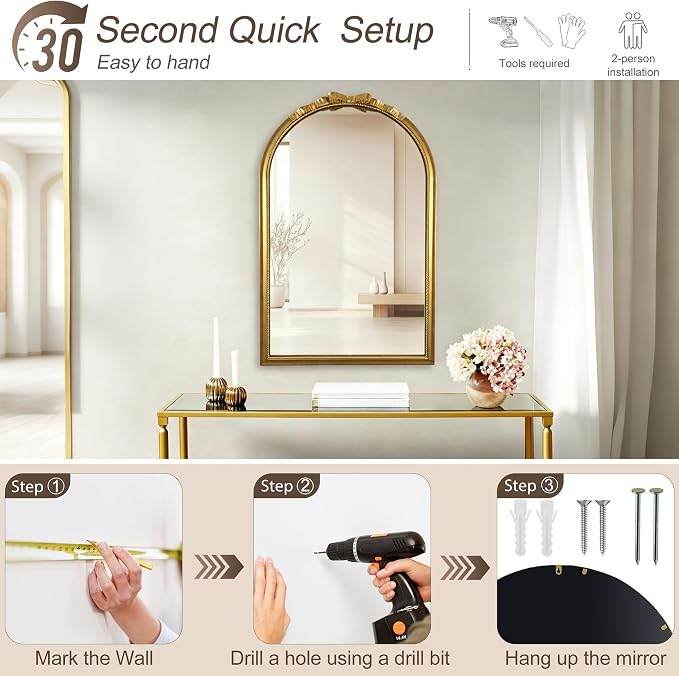 Gold Arched Bow Mirror - Modern Wall Mounted Large Beaded Mirror : 24"x39" Large Matt Gold Antique Wall Decor - Clean Ornate for Entryway/Fireplace/Bathroom/Hallway