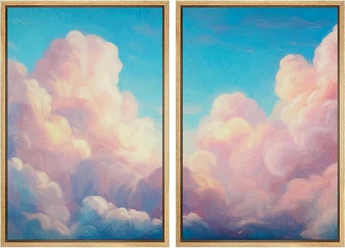 IDEA4WALL Framed Canvas Print Wall Art Set Pastel Sky Cloudscape Dreamy Pink and Blue Clouds Illustrations Modern Art Decorative Coastal Cottage Seascape for Bedroom - 24"x36"x2 NATURAL