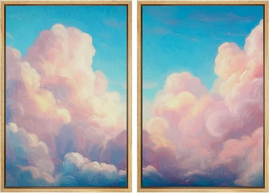 IDEA4WALL Framed Canvas Print Wall Art Set Pastel Sky Cloudscape Dreamy Pink and Blue Clouds Illustrations Modern Art Decorative Coastal Cottage Seascape for Bedroom - 24"x36"x2 NATURAL