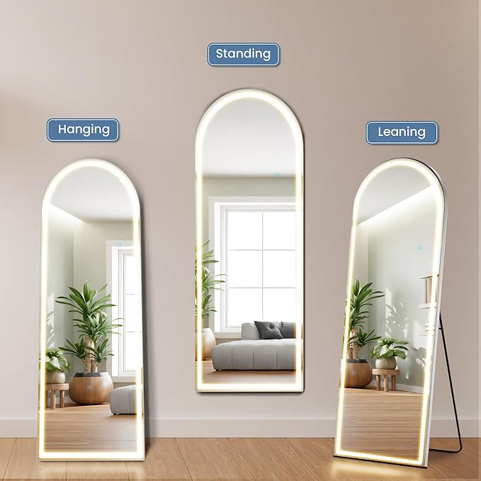 OLIXIS 20"x 63" Arched LED Full Length Mirror with Lights, Standing Lighted Floor Full Body Mirror with 3 Color Lighting, Wall Mounted Mirrors for Bedroom, Bathroom, Entryway with Tempered Glass