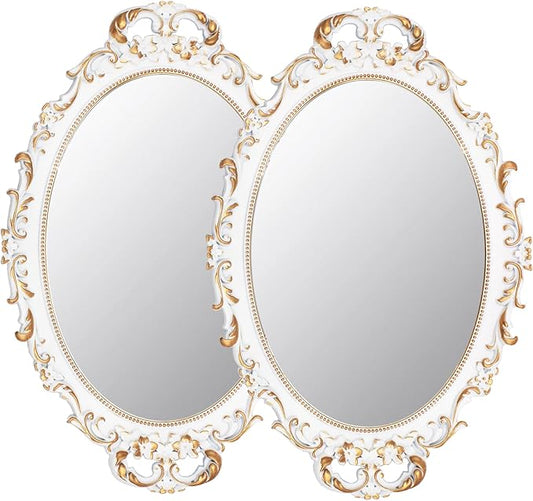 Tstarer 2 Pack - Vintage Decorative White Framed Mirror, Wall Hanging Mirrors & Tabletop Tray for Bedroom Living Room Dresser Decor, Oval- 9.6" W x 14.3" L (WHITE-2PACK)