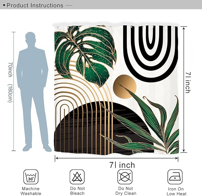 Miyotaa Abstract Emerald Green Shower Curtain Set 71Wx71H Inches Mid Century Modern Minimalist Tropical Leaves Geometric Contemporary Polyester Waterproof Bathroom Curtain with 12 Hooks