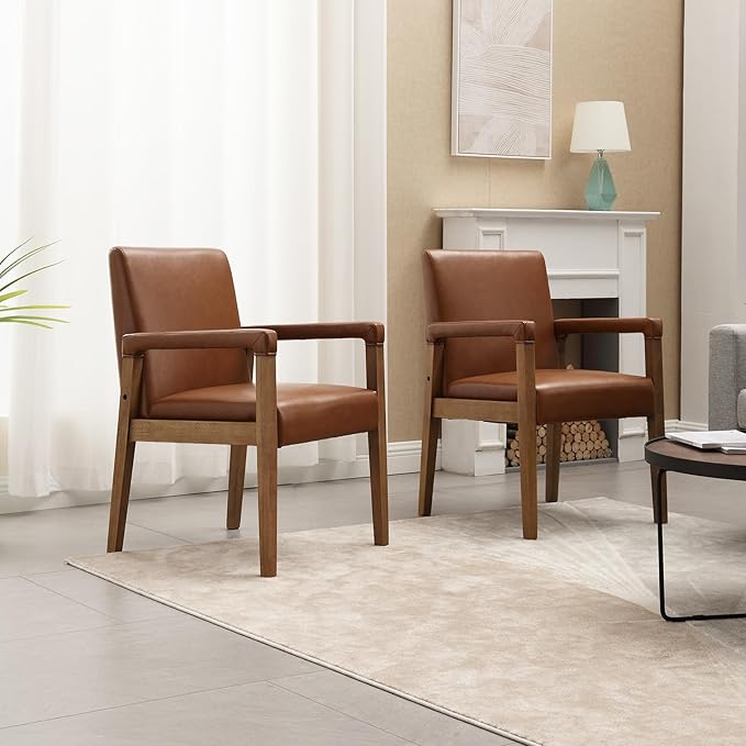 Mid Century Modern Dining Chairs Set of 6 Faux Leather Upholstered Living Room Side Chair, Kitchen Arm Chair with Solid Wood Legs for Home Kitchen & Restaurant, PU Brown