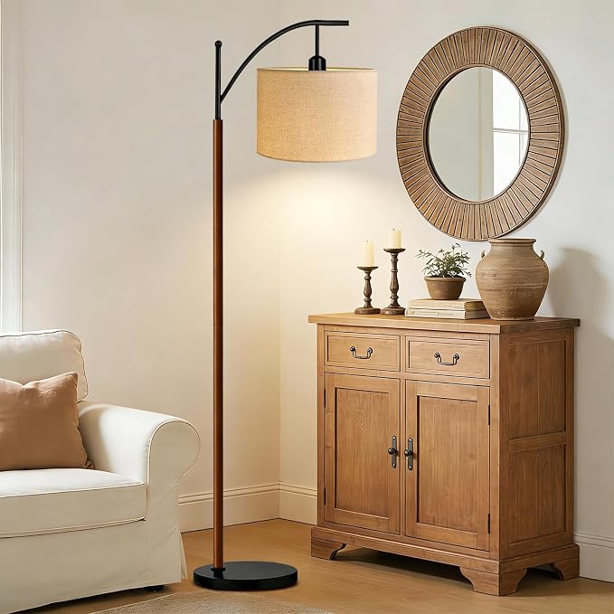 ILLMTW Arc Floor Lamp for Living Room,Bedroom,Vintage Mid Century Modern Standing Lamp with Remote Dimmable,Wood Boho Black Tall Lamp Fabric Lamp Shade Floor Lights Bohemian Tiffany Style
