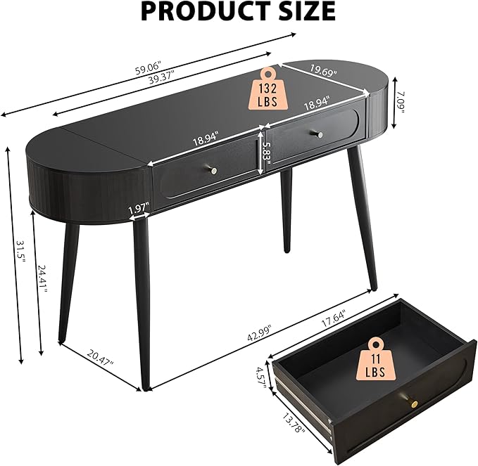 Practical 59" Wood Writing Desk, Home Office Laptop Desk with 2 Flip Hide Storage + 2 Drawer, MCM Elegant Fluted Multifunctional Study Desk for Apartment Bedroom (Black)