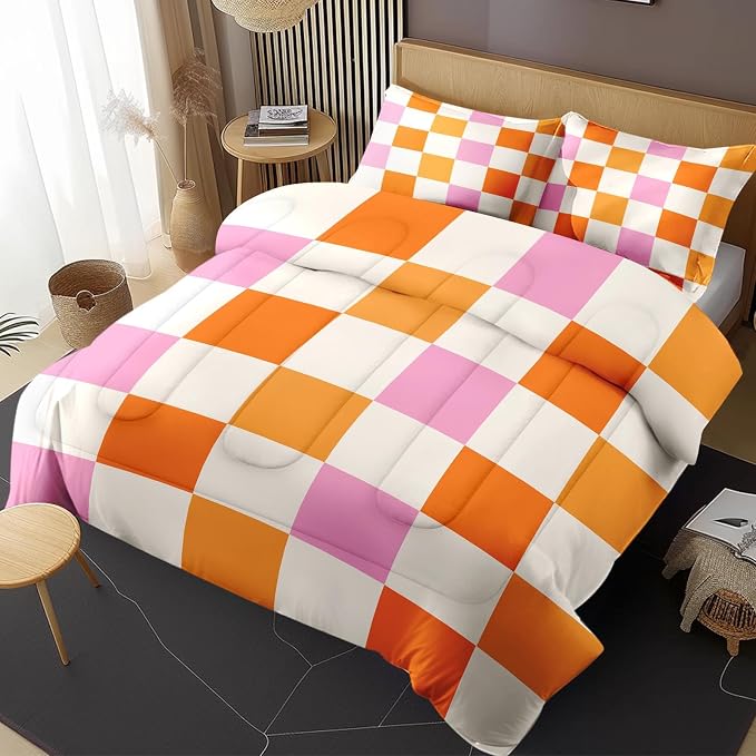 Comforter Set with 2 Pillowcases King Size, Pink Orange Plaid Buffalo Checkered, Bed Decor Hippie Retro 70s Geometric Checkerboard Grid for Kids and Adults, Soft Cozy Bedroom Bedding Set