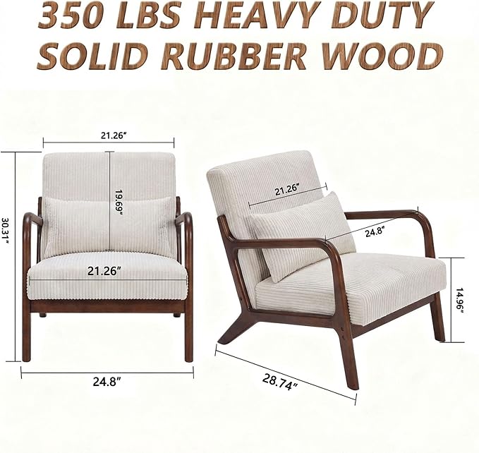 Mid Century Modern Accent Chair with Solid Rubberwood Frame, Comfy Corduroy Reading Armchair with Lumbar Pillow, Compact Lounge Chair for Bedroom, Living Room & Small Spaces