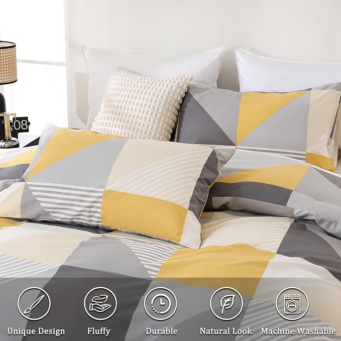 Yellow and Grey Duvet Cover Set Queen Size, 100% Natural Cotton Geometric Duvet Cover 3 Piece Soft Breathable Bedding Set for All Seasons