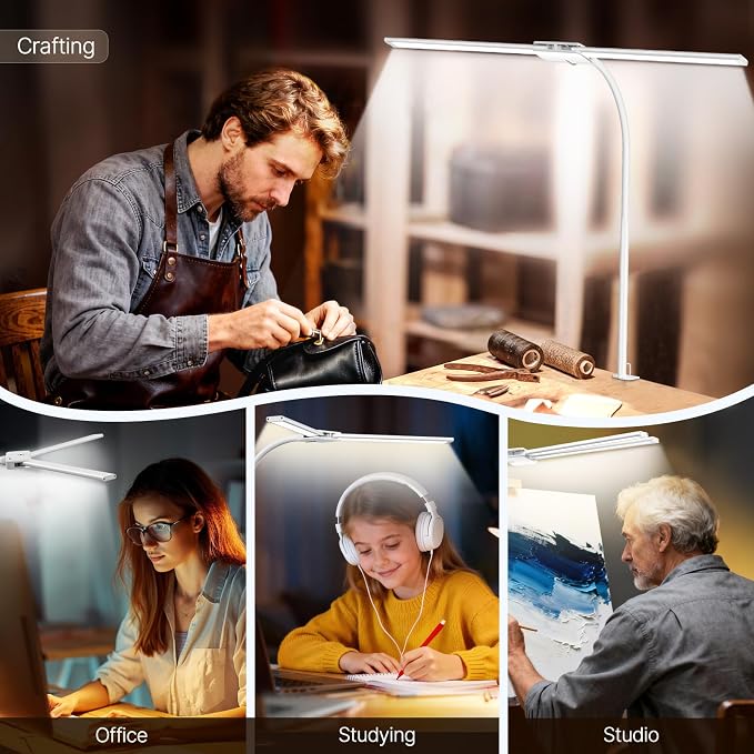 Syrinx LED Desk Lamp, Dual Head Desk Light with Clamp, 50 Lighting Modes Eye-Caring Table Lamp, Flexible Gooseneck Task Light with Motion Sensor, Wired Control, Timer & Memory Function for Home Office