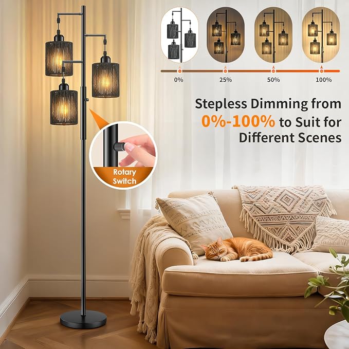 Hotsonic 72" Tall Boho Rattan Style Floor Lamp with Hand-Woven Paper Cord Shade, Dimmable Industrial Tree Standing Lamp for Living Room, Bedroom, Study Room, Office (3 x 800LM Bulbs Included) - Black