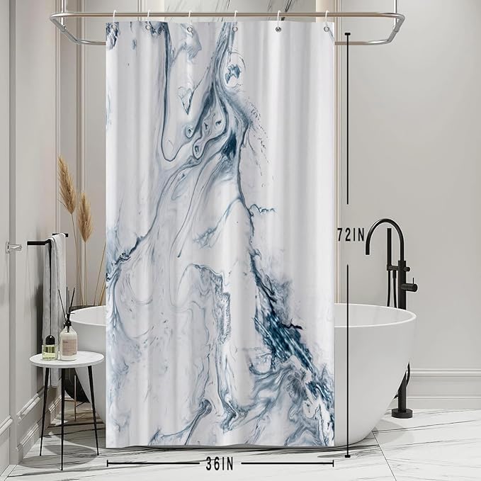 Stall Shower Curtain, Modern Abstract Blue and White Marble Small Shower Curtain Waterproof Shower Curtain Set with Hooks, 36x72 Inch