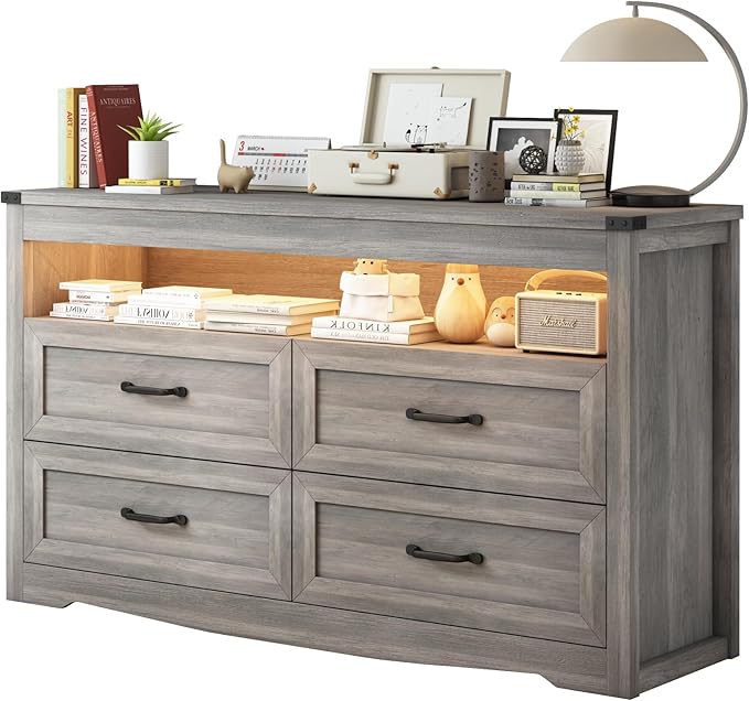 Grey Dresser for Bedroom, Wooden 4 Drawer Dresser with LED Light, Dressers & Chests of Drawers with Metal Handles, Storage and Organization for Bedroom, Hallway, Entryway, Gray