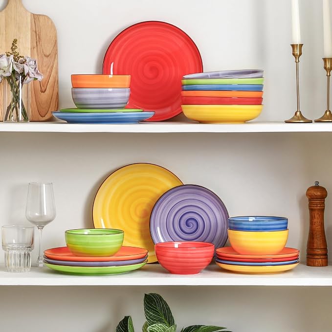 Selamica Ceramic Plates and Bowls Sets,24 Pieces Dinnerware Sets for 6,Scratch Resistant Dish Set for holiday gathering,Dishwasher & Microwave Safe, Dopamine
