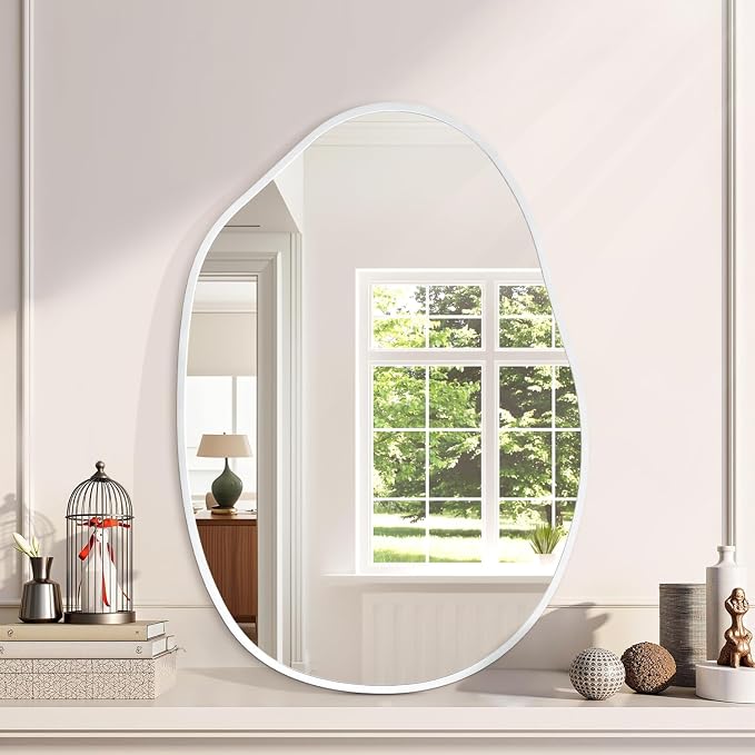 Asymmetrical Bathroom Mirror Irregular Wall Mirror Modern Metal Frame Unique Shape Wall Mounted Vanity Artistic Mirrors Decorative for Living Room Bedroom Entryway 22"x30" Large White