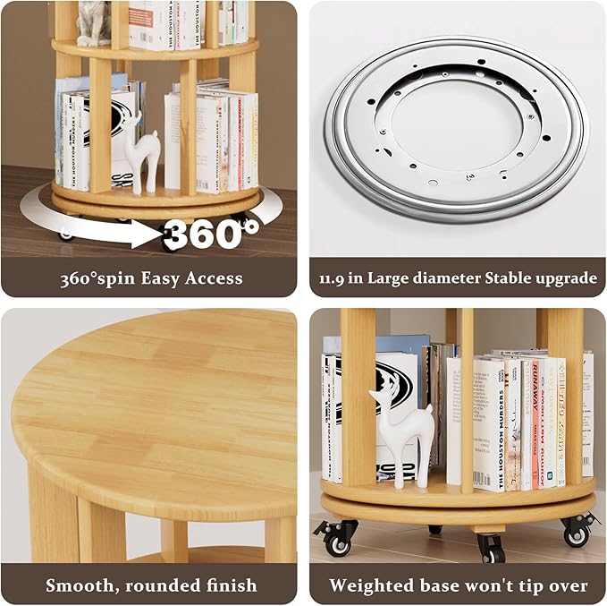 Rotating Bookshelf Tower with Wheels, 6 Tier Solid Wood Round Spinning Bookshelf Tower, 360° Revolving Bookcase Rolling for Kids Adult, Rotation Book Shelf for Bedroom, Living, Office, Corner, Natural