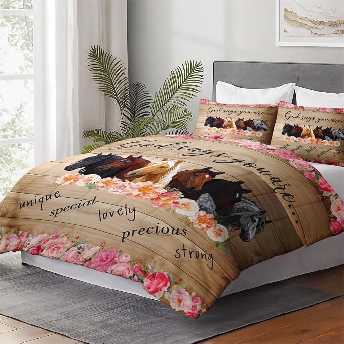 WeCozy Twin Size Comforter Set with Pillowcase, Colorful Pink Flower Horses Animal 2 Pcs Bedding for Kids and Adults, Inspirational Thoughts and Prayer Soft Comforter Set for Bedroom Bed Decor