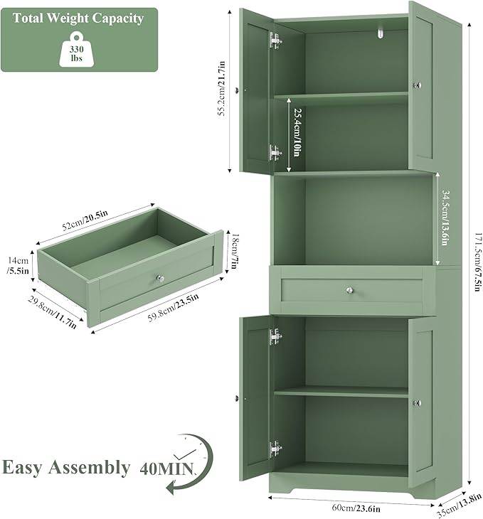 Tall Bathroom Storage Cabinets with Drawer, Modern Linen Cabinet with Doors & Shelves, 67"H Tall Storage Cabinet Freestanding for Bathroom, Dining Room, Kitchen & Pantry, Laundry, Narrow Corner, Green