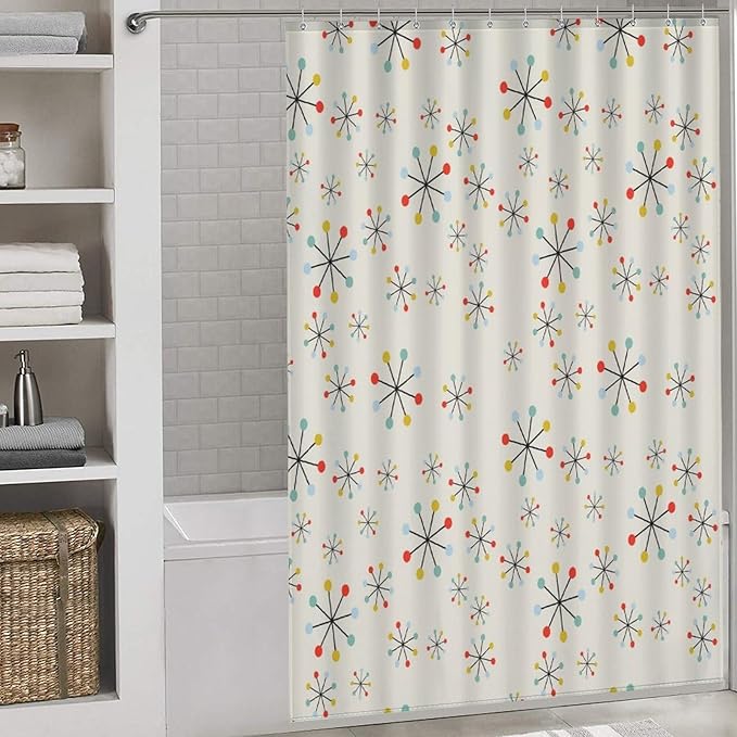 Mid Century Atom Pattern Shower Curtains, Colorful Retro Abstract Geometry Fashion Artistic Washable Waterproof Fabric for Bathroom Decor Bathtub with 12 Hooks 55x72in（140x183cm）