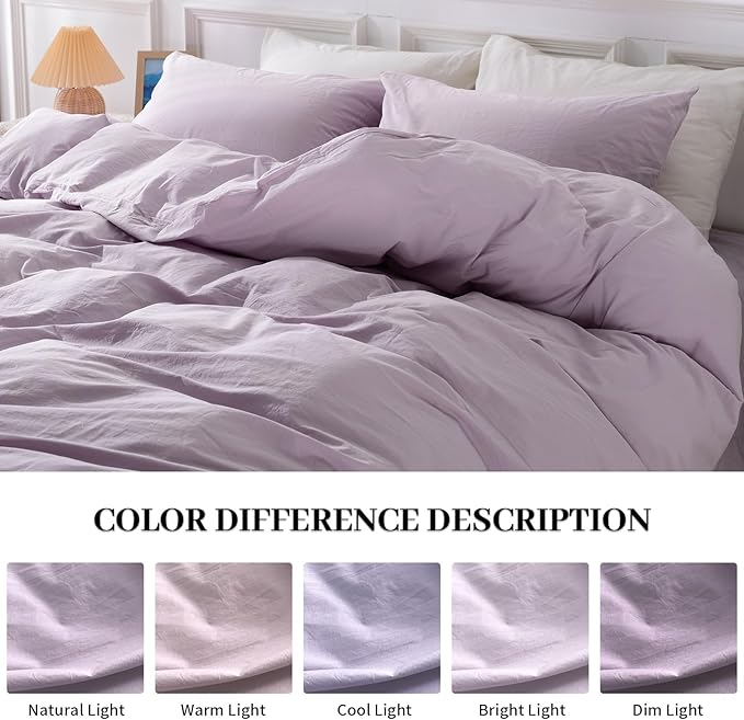 NEXHOME PRO Duvet Cover Set Queen Size Linen Feel Textured Organic Natural 100% Washed Cotton Duvet Cover Purple Lavender Lilac 3 Pieces Bedding Set Zipper Closure, Breathable, Soft (No Comforter)