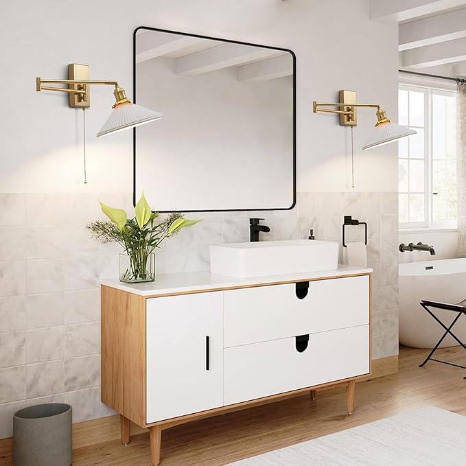 Vintage Milk Glass Wall Sconce Modern Rushed Brass Swing Arm Wall Light Mid Century Gold Wall Sconce with Pull Chain Wall Mounted Light Fixture White Ceramic Wall Lamp for Bedroom MWL14A-1