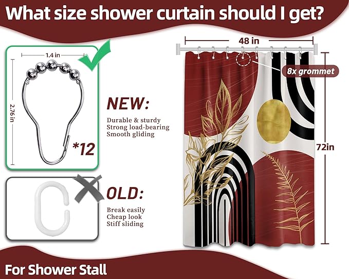 Black and Red Shower Curtain Boho Mid Century Burgundy Dark Red and Gold and White Shower Curtains for Bathroom Decor, Waterproof Cloth Fabric with Hooks, 48" W x 72" L