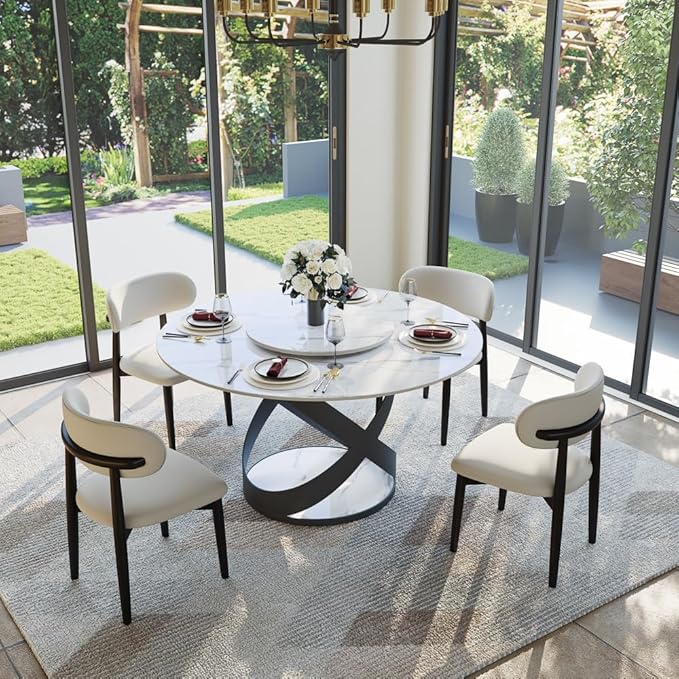 POVISON 51" Modern Dining Table, Glossy White Round Dining Table for 4 Built in Lazy Susan, Sintered Stone Dining Tabletop with Black X Carbon Steel Base (Table Only)