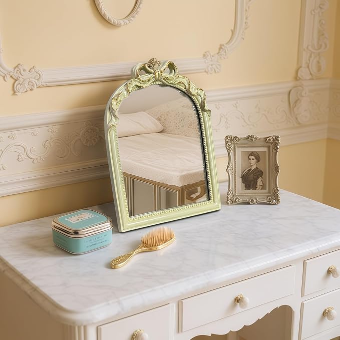 Cream Bow Mirror - 13x10 Inch Elegant Decorative Accent, Wall-Mounted & Tabletop Makeup Mirror for Bedroom Decor