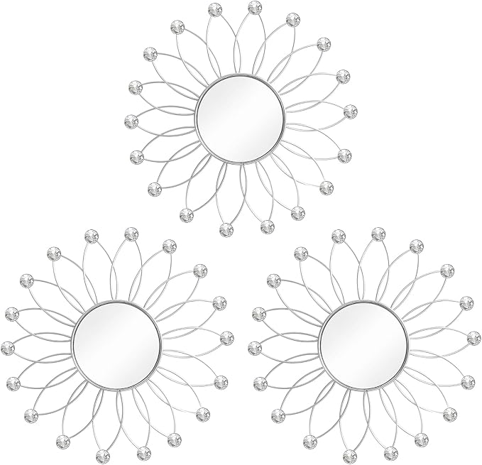 3 Pack Metal Mirrors for Wall Sunburst Wall Mirrors Home Décor Decorative Hanging Wall Art for Living Room Bedroom Entryway (Silver2 Crystal, Flowers)
