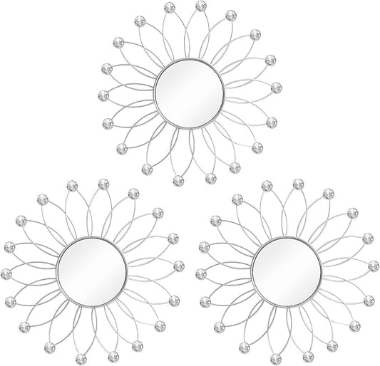 3 Pack Metal Mirrors for Wall Sunburst Wall Mirrors Home Décor Decorative Hanging Wall Art for Living Room Bedroom Entryway (Silver2 Crystal, Flowers)