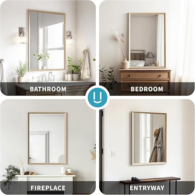 Oak Wood Effect Framed Wall Mirror, 36x40 Rectangle Mirror, Anti-desilvering Tempered Glass, Sustainable& Sturdy Frame, Anti-Rust, HD Reflection &3min Fast Setup for Bathroom Living Room