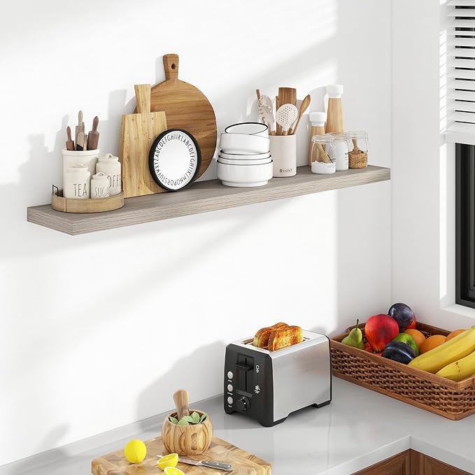 48 Inch Floating Shelves, 8 Inch Deep Floating Shelves for Wall, Hanging Shelf with Invisible Brackets, Deep Shelves for Bathroom, Bedroom, Living Room, Grey, Set of 2