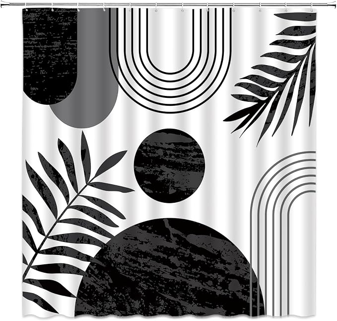 Mid Century Modern Shower Curtain Boho Black and White Abstract Retro Aesthetic Fabric for Bathroom Decor Bathtub with Hooks (59" WX70 H)