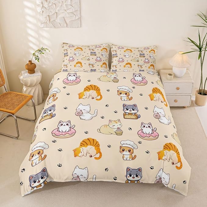 Erosebridal Cute Cats Comforter Cover Twin Cartoon Kitten Bedding Set Lovely Animals Pets Duvet Cover for Kids Girls Boys Adults Paw Print Bed Set