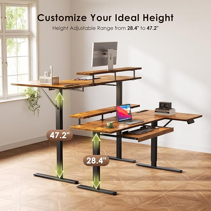 OffiGo 55 Inch L Shaped Electric Standing Desk with Keyboard Tray, Reversible Height Adjustable Corner Computer Desk with Monitor Stand, Sit Stand Up Lift Table for Home, Office, Rustic Brown