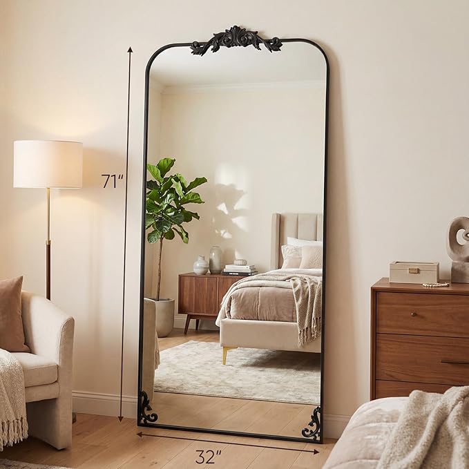 Antok Arched Full Length Mirror, 32"x71" Floor Mirror with Carved, Full Body Mirrors for HomeDecor, Standing/Halling Large Wall Mirror for Bedroom, Living Room, Cloakroom, Black, Luxury Style