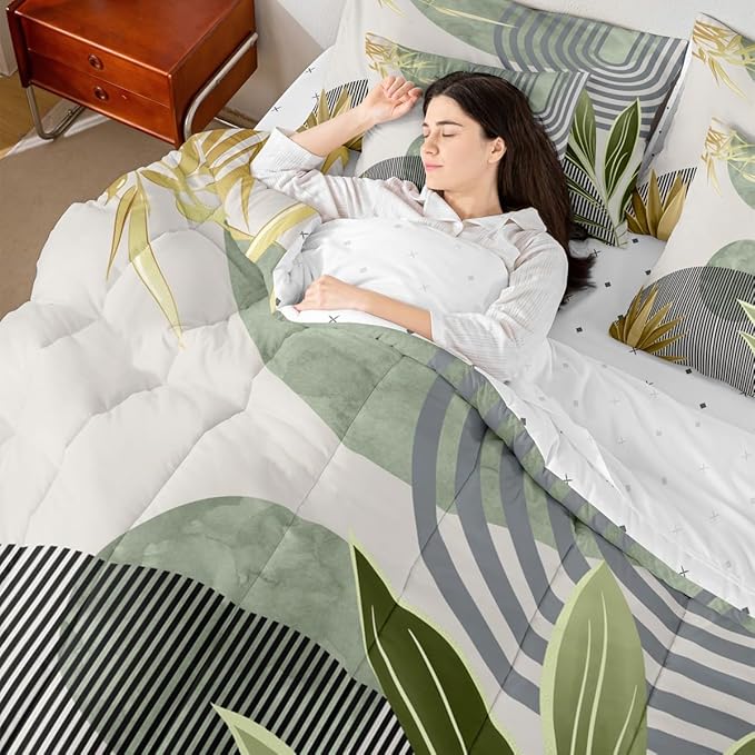 Erosebridal 7 Pcs Mid Century Boho Comforter Set Twin Modern Geometric Bedding Sets,Minimalist Bed in a Bag Abstract Sun Aesthetic Arch Curve Leaves Quilt with Flat Fitted Sheet,Green Gold