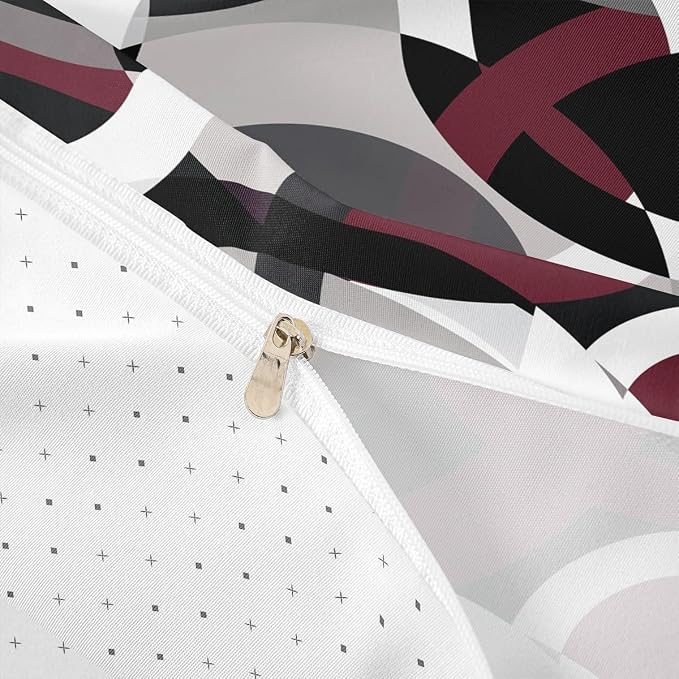 Geometric Circle Bedding Set for Girls Boys Kids Modern Retro Grommet Comforter Cover Grey Red Black Stripe Line Art Duvet Cover Room Decor Abstract Stripes Swirl Bed Set Full Size 3Pcs (No Comforter)